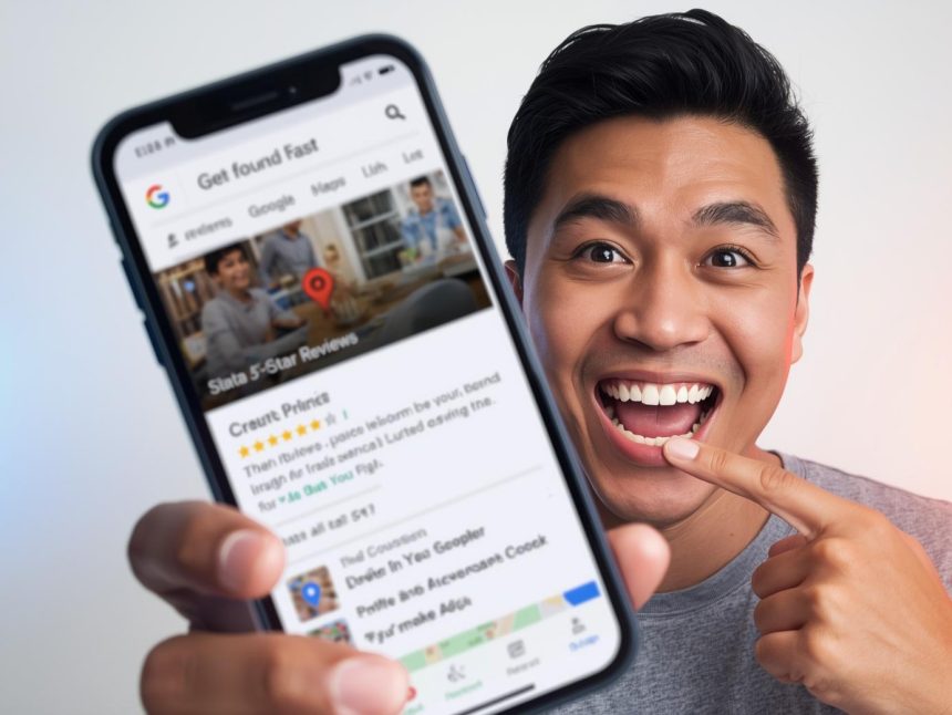 Smiling business owner standing in front of a glowing Google Business Profile dashboard with a verification checkmark, symbolizing trust and visibility in local SEO.