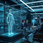 Futuristic marketer using AI technology to discover and collaborate with influencers, symbolizing intelligent campaign creation and data-driven partnerships in 2025.