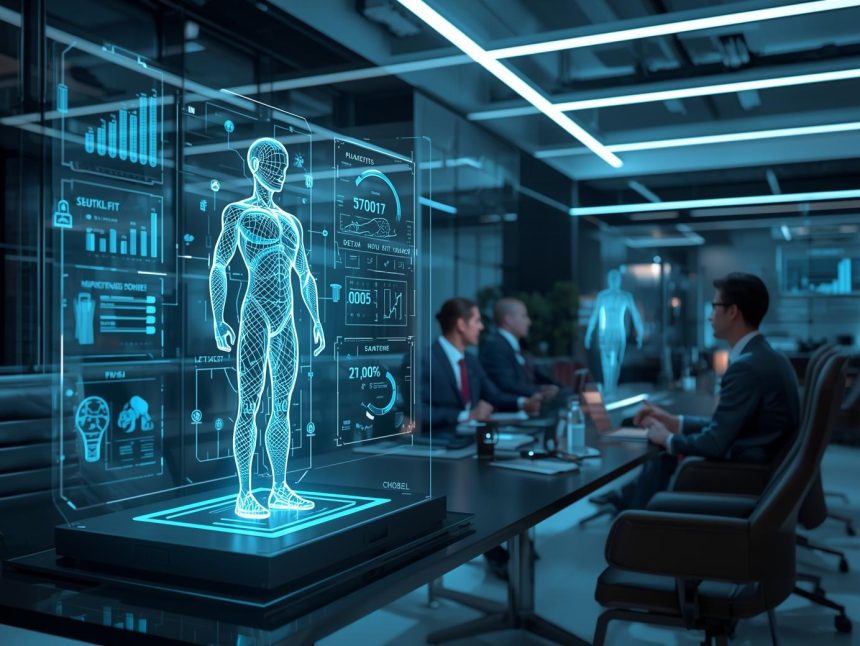 Futuristic marketer using AI technology to discover and collaborate with influencers, symbolizing intelligent campaign creation and data-driven partnerships in 2025.