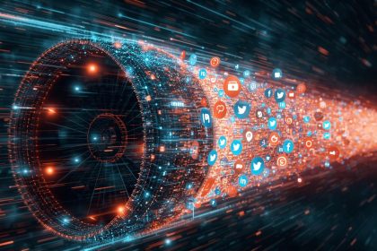 AI-powered tools boosting social media engagement across multiple platforms, symbolizing intelligent automation and growth in 2025.