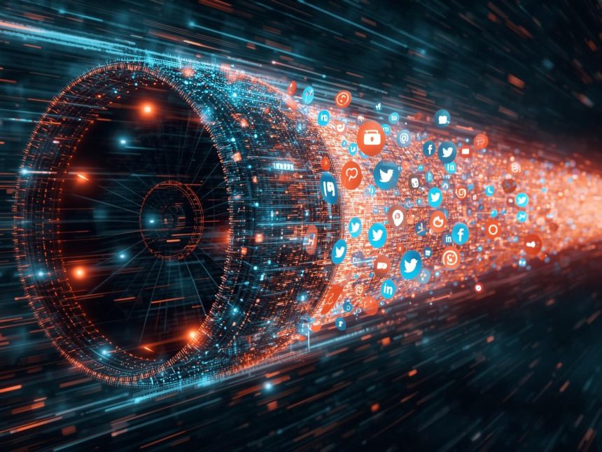 AI-powered tools boosting social media engagement across multiple platforms, symbolizing intelligent automation and growth in 2025.