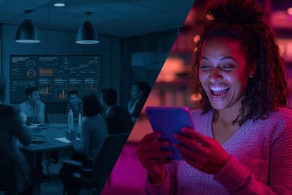 Split-screen image contrasting B2B lead nurturing with B2C tactics, symbolizing key strategic differences and winning approaches in 2025.