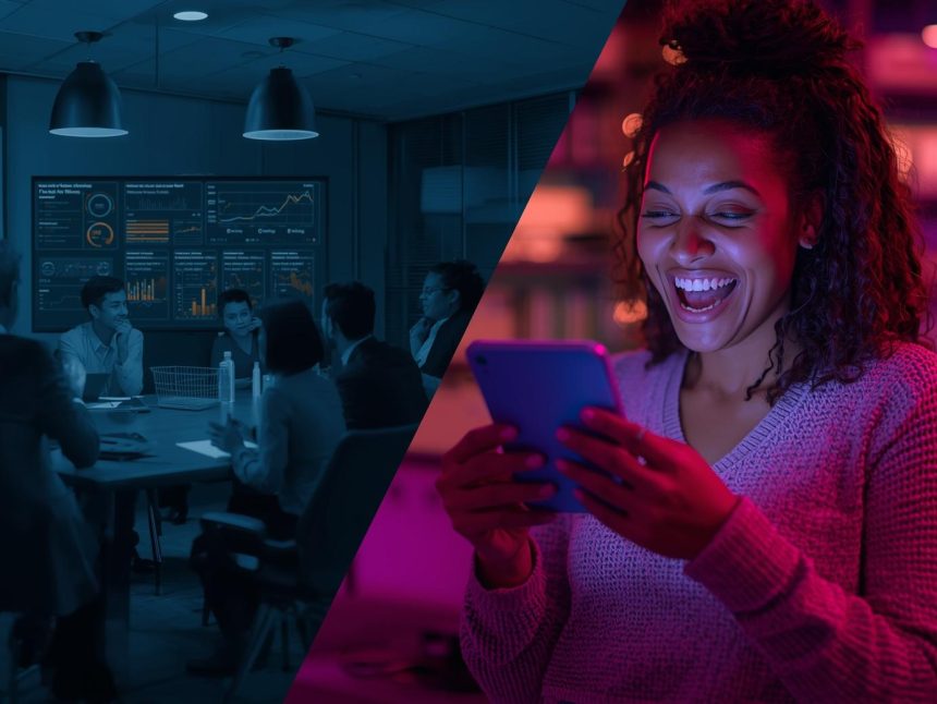 Split-screen image contrasting B2B lead nurturing with B2C tactics, symbolizing key strategic differences and winning approaches in 2025.