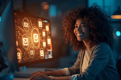 Marketer comparing the best email automation platforms in 2025 through modern dashboards and analytics, symbolizing smart business decision-making.