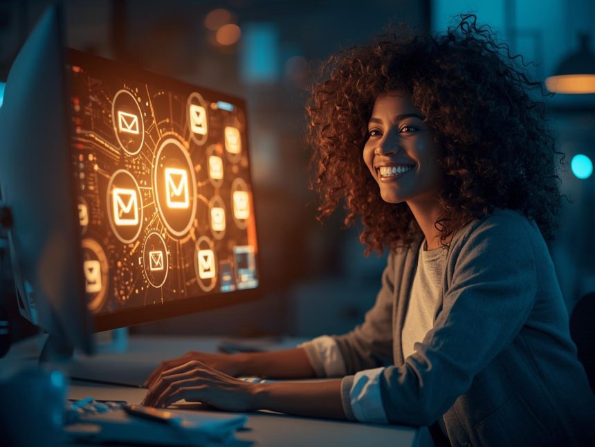 Marketer comparing the best email automation platforms in 2025 through modern dashboards and analytics, symbolizing smart business decision-making.