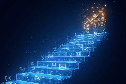 Marketer creating an automated email workflow using digital nodes, representing step-by-step drip campaign building for 2025.