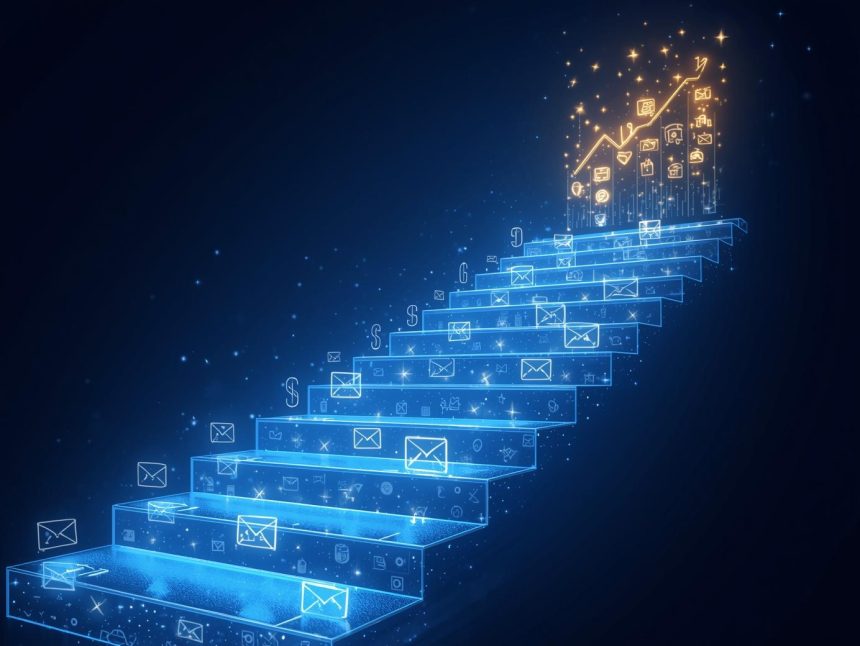 Marketer creating an automated email workflow using digital nodes, representing step-by-step drip campaign building for 2025.