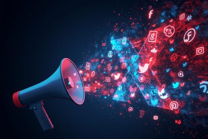 Marketer standing under glowing X logo with engagement icons, symbolizing building brand presence and awareness on X (Twitter) in 2025.