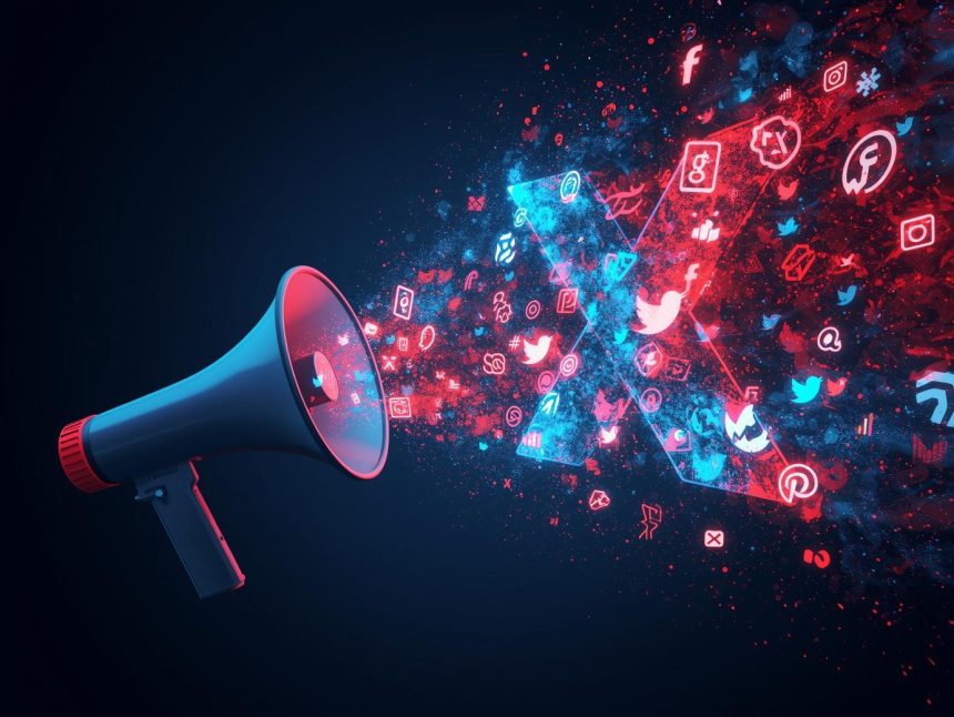 Marketer standing under glowing X logo with engagement icons, symbolizing building brand presence and awareness on X (Twitter) in 2025.