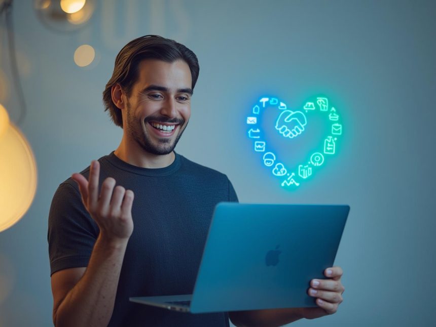 Marketer using a CRM platform to connect and engage with customers, symbolizing simple, human-centered relationship marketing.