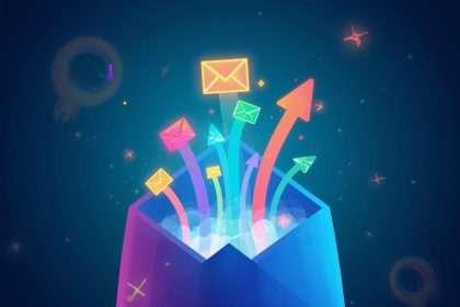 Marketer designing engaging email content while open rate and click-through metrics rise on a digital dashboard, symbolizing 2025 newsletter success.