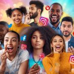 People engaging with dynamic social media content surrounded by glowing likes, shares, and comments icons, symbolizing high engagement trends in 2025.