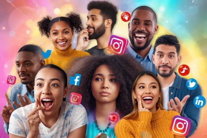 People engaging with dynamic social media content surrounded by glowing likes, shares, and comments icons, symbolizing high engagement trends in 2025.
