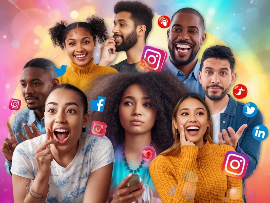 People engaging with dynamic social media content surrounded by glowing likes, shares, and comments icons, symbolizing high engagement trends in 2025.
