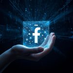 Hand holding a glowing Facebook logo cube surrounded by algorithm code, symbolizing how to understand and beat the Facebook Algorithm in 2025 to increase reach.