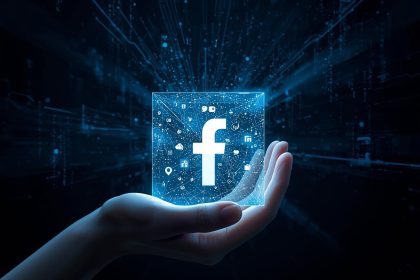 Hand holding a glowing Facebook logo cube surrounded by algorithm code, symbolizing how to understand and beat the Facebook Algorithm in 2025 to increase reach.