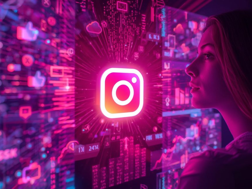Marketer decoding Instagram’s 2025 algorithm surrounded by glowing engagement icons, symbolizing how to increase reach and engagement.