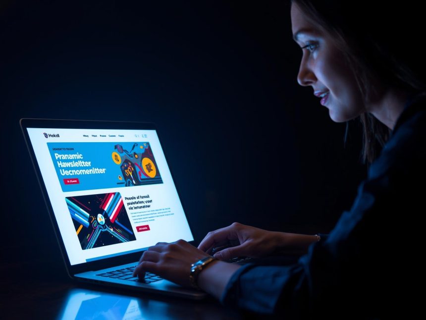 Modern marketer analyzing stylish email newsletter designs on a laptop, symbolizing engaging and trend-forward templates for 2025.