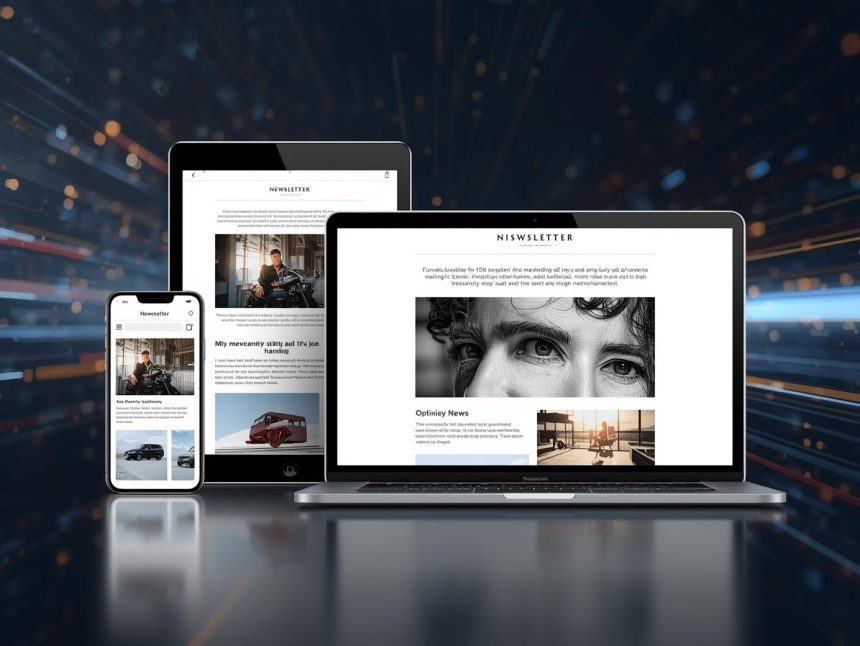 Responsive email designs displayed on smartphone, tablet, and desktop screens, symbolizing mobile optimization and design consistency in 2025.