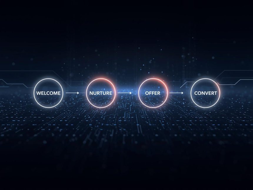 Digital email sequence flowing into a glowing conversion icon, symbolizing effective drip campaign ideas that drive sales in 2025.