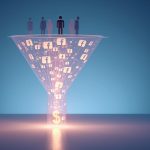 Digital marketing funnel filled with Facebook icons turning visitors into conversions, representing Facebook retargeting strategies for high ROI in 2025.