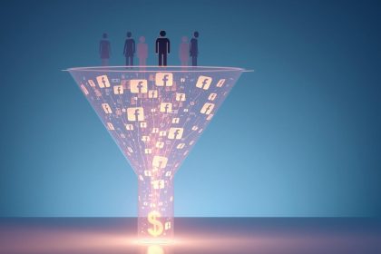 Digital marketing funnel filled with Facebook icons turning visitors into conversions, representing Facebook retargeting strategies for high ROI in 2025.