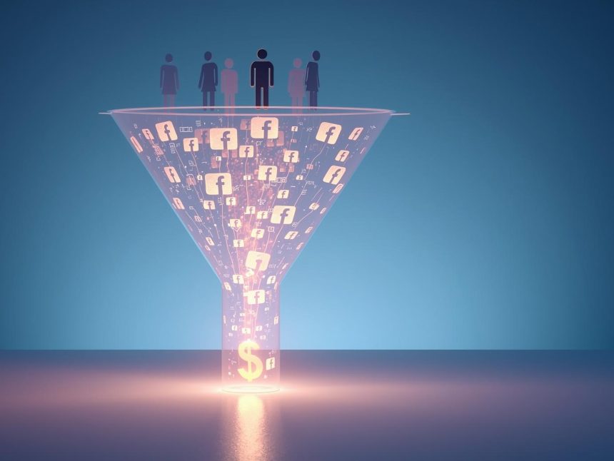 Digital marketing funnel filled with Facebook icons turning visitors into conversions, representing Facebook retargeting strategies for high ROI in 2025.