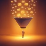 Digital funnel turning leads into loyal customers through automated email workflows, symbolizing successful lead nurturing and conversion.