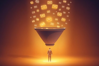 Digital funnel turning leads into loyal customers through automated email workflows, symbolizing successful lead nurturing and conversion.