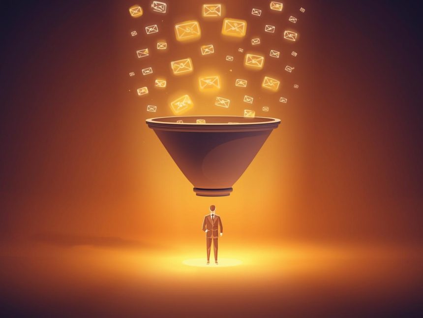 Digital funnel turning leads into loyal customers through automated email workflows, symbolizing successful lead nurturing and conversion.