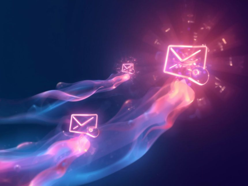 Emails flowing from CRM systems to loyal customers, symbolizing personalized marketing that converts leads and builds relationships in 2025.