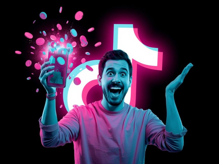 Entrepreneur converting viral TikTok videos into product sales on TikTok Shop, symbolizing success in social commerce for 2025.