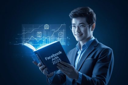 Marketer managing Facebook ad campaigns through a step-by-step process from setup to ROI tracking, symbolizing success with Facebook Ads in 2025.