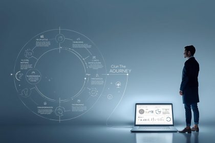 Marketer guiding a hero figure up a symbolic storytelling mountain representing the Hero’s Journey framework for digital marketing narratives.