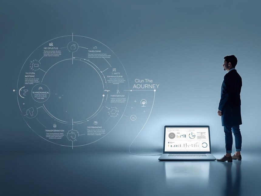 Marketer guiding a hero figure up a symbolic storytelling mountain representing the Hero’s Journey framework for digital marketing narratives.