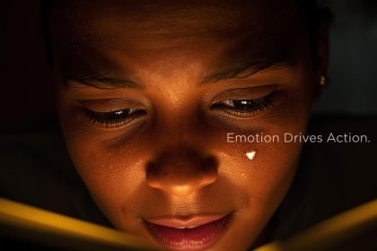 A glowing digital ad transforming into a purchase moment, symbolizing how emotional storytelling drives customer conversions and brand loyalty.