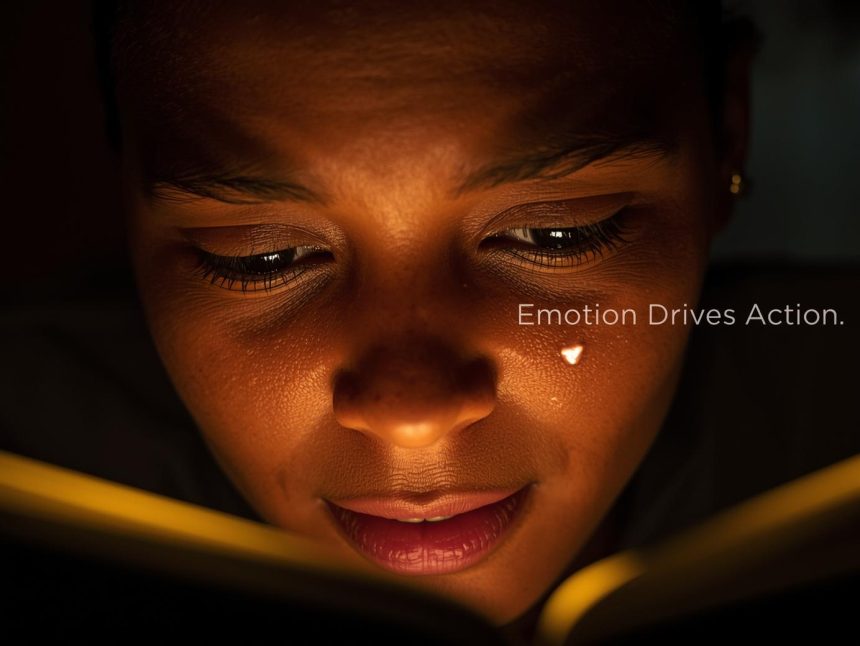 A glowing digital ad transforming into a purchase moment, symbolizing how emotional storytelling drives customer conversions and brand loyalty.