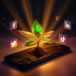 A glowing plant sprouting from a smartphone surrounded by social media icons, symbolizing organic social media growth strategies in 2025.
