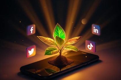 A glowing plant sprouting from a smartphone surrounded by social media icons, symbolizing organic social media growth strategies in 2025.