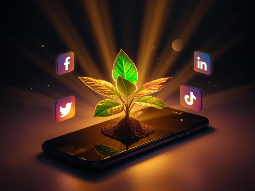 A glowing plant sprouting from a smartphone surrounded by social media icons, symbolizing organic social media growth strategies in 2025.