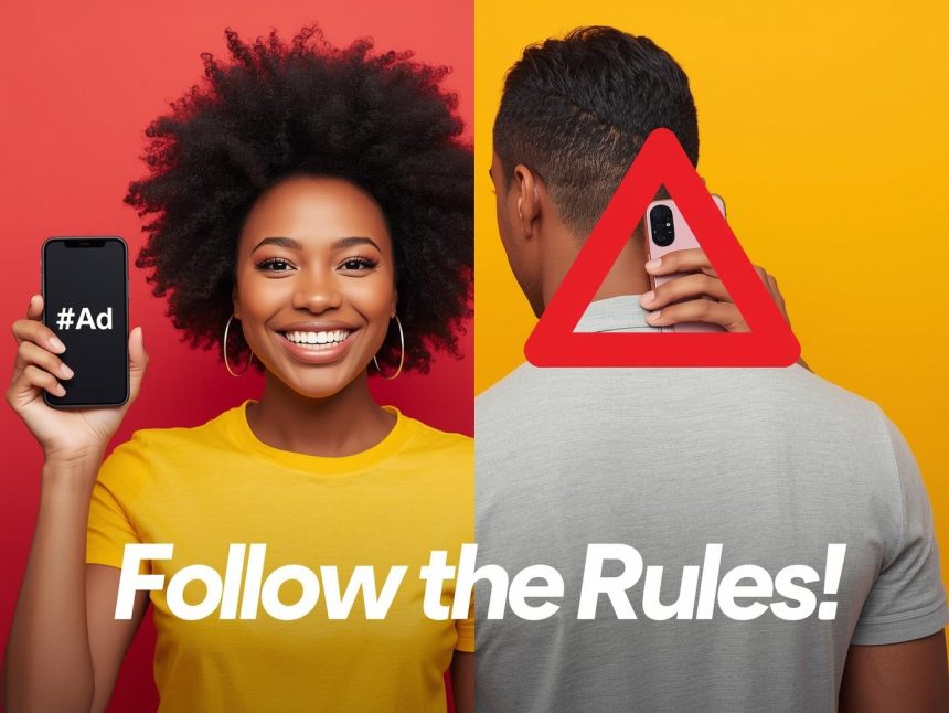 Influencer disclosing a paid partnership on social media, illustrating updated 2025 regulations and transparency laws.