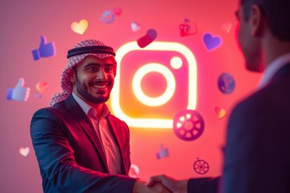 Brand manager and influencer shaking hands under a glowing Instagram logo, representing effective influencer collaborations and measurable results in 2025.