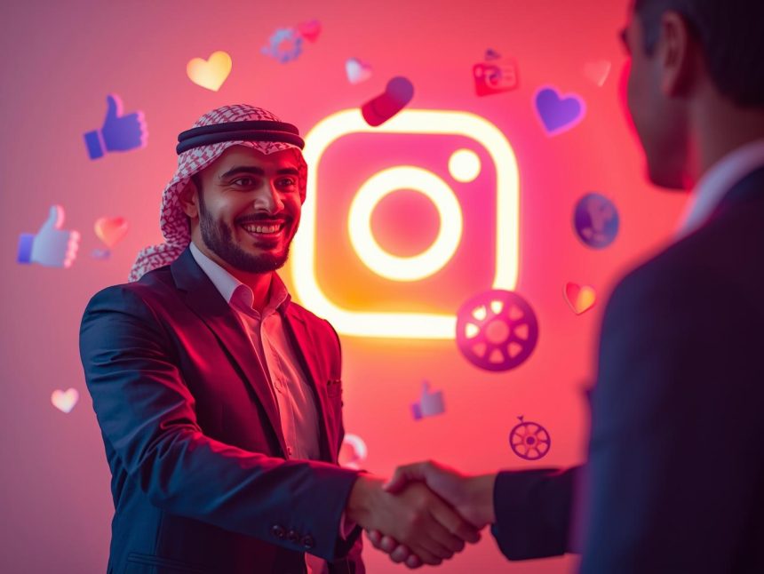 Brand manager and influencer shaking hands under a glowing Instagram logo, representing effective influencer collaborations and measurable results in 2025.