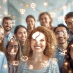 Returning customers connected through digital loyalty icons, symbolizing effective retention strategies for sustained business growth in 2025.