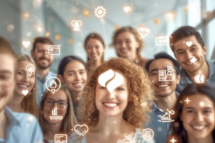 Returning customers connected through digital loyalty icons, symbolizing effective retention strategies for sustained business growth in 2025.