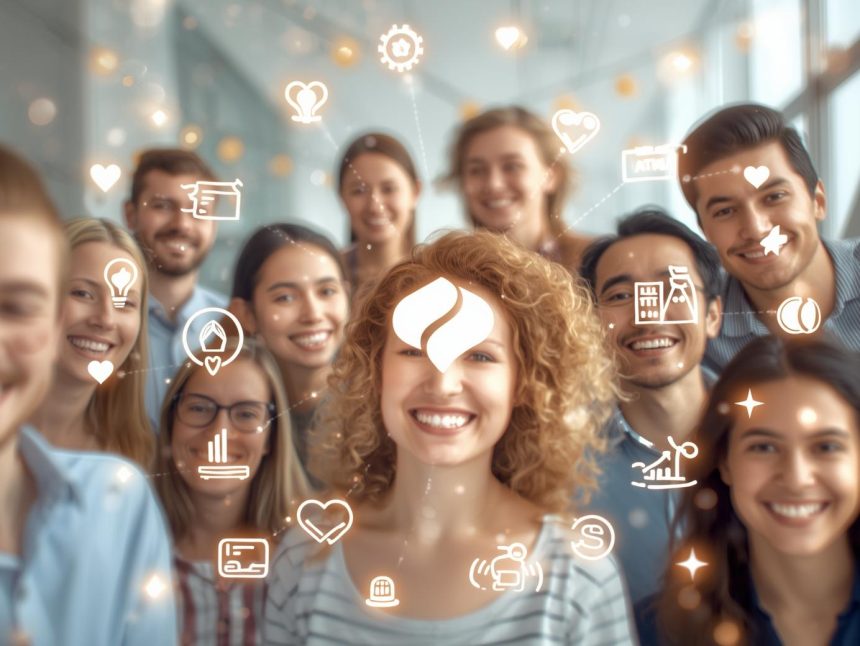 Returning customers connected through digital loyalty icons, symbolizing effective retention strategies for sustained business growth in 2025.