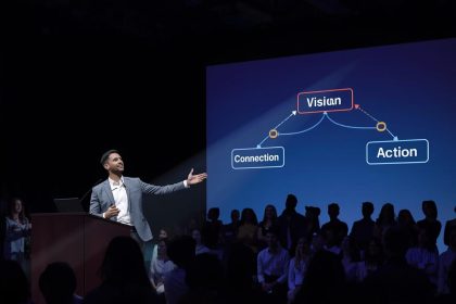 Digital marketing leader inspiring a team through storytelling visuals, representing how narrative-driven leadership drives motivation and change.