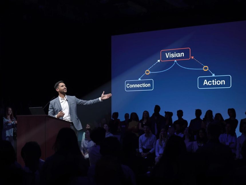 Digital marketing leader inspiring a team through storytelling visuals, representing how narrative-driven leadership drives motivation and change.