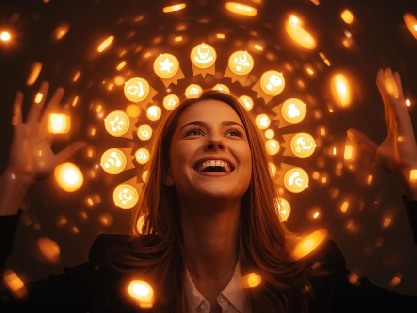 Customer leveling up through a gamified loyalty system with badges and progress bars, symbolizing customer retention through rewards and engagement.