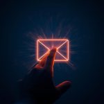 Marketer celebrating as email open rates and click-through rates rise on a glowing analytics dashboard.